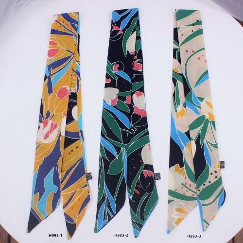2019 New Bohemian flower Silk narrow long Scarf Wholesale Tied Bag Handle Small Scarf Bow Hair band head skinny scarves H993