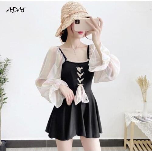 One-piece Swimsuit with Skirt Sleeves Black Womens Swimwear 2021 Bandage Summer Suit Bow-knot Bikini Bathing Suits Beachwear