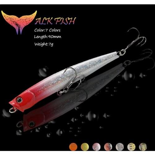 WALK FISH 1PCS 90mm/7g Fishing Popper Floating Minnow 3D Eyes Hard Bait Wobbler Swimbait Treble Hook Fishing Artificial Bait
