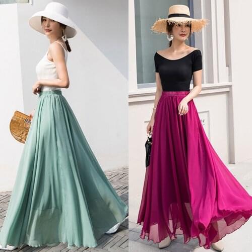 TingYiLi Summer Women Skirts Long Boho Beach Maxi Skirt Korean Elegant Dance Skirt Black Red Yellow Blue Green Purple Pink Skirt