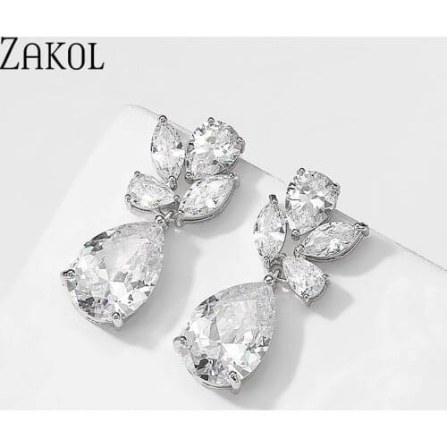 ZAKOL Fashion Water Drop AAA Cubic Zircon Wedding Dangle Earrings Marquise Cut Crystal White Gold Color Bride Ear Jewelry Gift