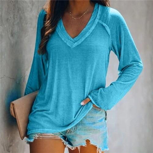 2021 Summer Oversized T Shirt Women Basic T Shirt V neck Korean Clothes Roll Hem Solid Long Sleeve Ladies Tops Casual