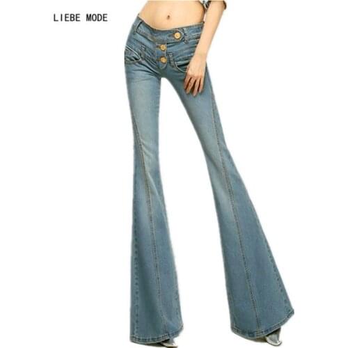 Womens Flare Pants Fashion Luxury Button Fly Jeans Women High Quality Wide Bottom Trousers Office Ladies Skinny Slim Denim Pants