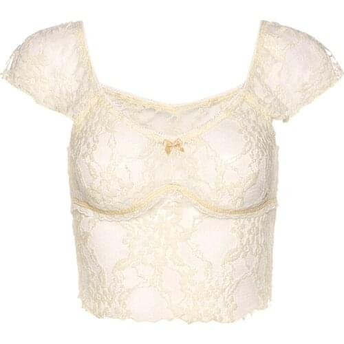 Women Floral Lace Short Sleeve Crop Top Sexy Square Neck Backless Mesh T-Shirts