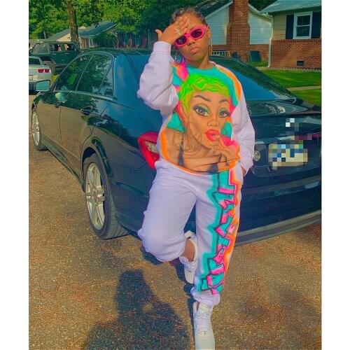 Two Piece Sets Women 2021 Autumn Portrait Print Tracksuits Long Sleeve Pullover Sweatshirt + Sweatpants Casual 2pcs Pant Sets