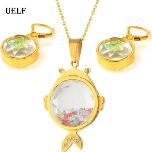 UELF gold Color Fish Pattern Drop Earrings and Pendant Necklace Jewelry Sets For Women Stainless Steel jewelry