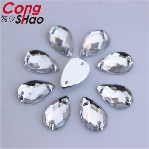 Cong Shao 300PCS 8*13mm Clear Drop Acrylic Rhinestone trim flatback sewing 2 Hole DIY costume Button Crystal Accessories CS661H