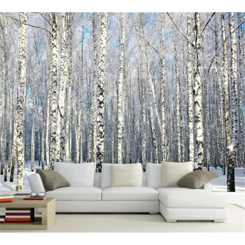 Beibehang Large custom wallpaper white birch forest snow scenic living room bedroom TV background wall home decoration