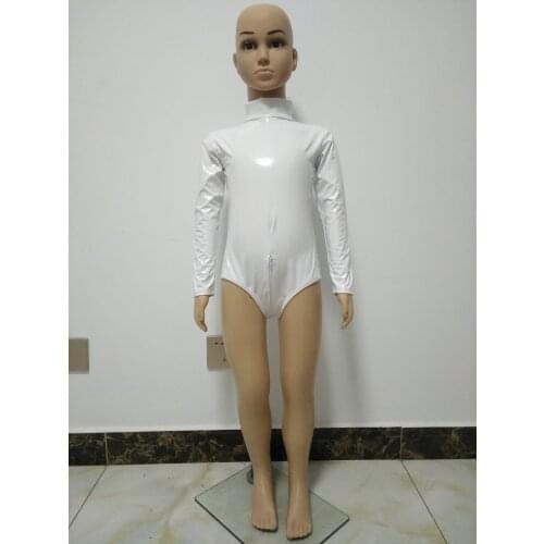 Kids womens Shiny PVC Faux Leather Zentai half bodysuit jumpsuit Costumes long Sleeve Fancy Party Dress with double zipper