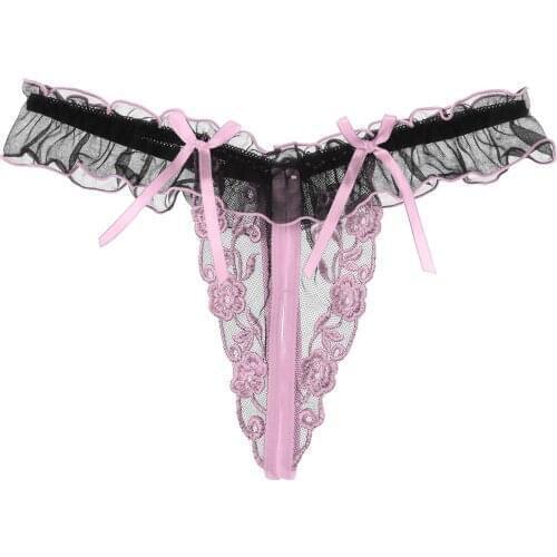 Men Sissy Panties Flower Embroidery Open Crotch Thong See-through Mesh G-String Lace Trim Low Waist T-back Bowknot Gay Underwear