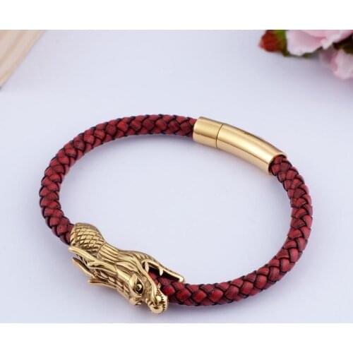 Jewels Store Dragon Charm Bracelets For Men 22cm Gold Stainless Steel + Red Leather Rope Bracelets Personality Punk Jewelry