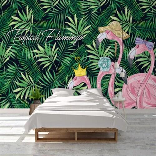 Custom Mural Wallpaper Tropical Rainforest Plant Banana Leaf Flamingo Idyllic Background Wall Painting