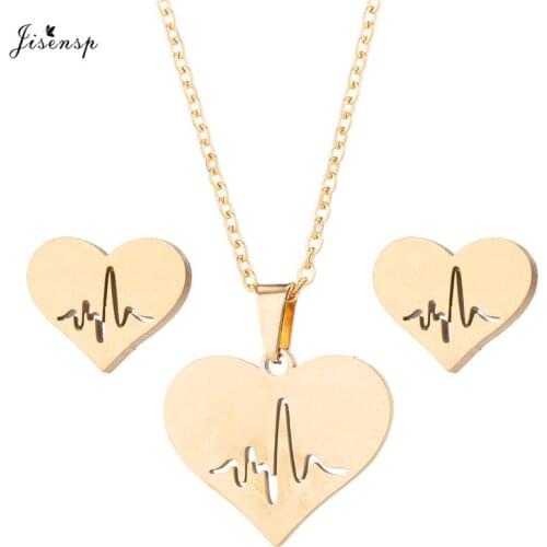 Jisensp Romantic Peach Heart Electrocardiogram Jewelry Sets Simple Fashion Heartbeat Charm Necklace Earrings for Women Lovers