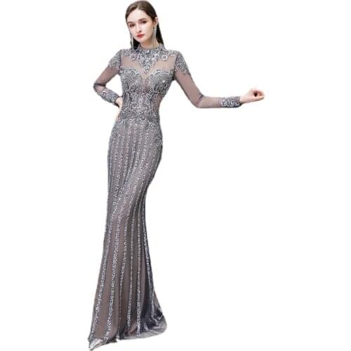 Milomi.CP Champagne Grey O-Neck Full Sleeve Mermaid Evening dress long Vestido de festa Serene hill Formal dress 86443