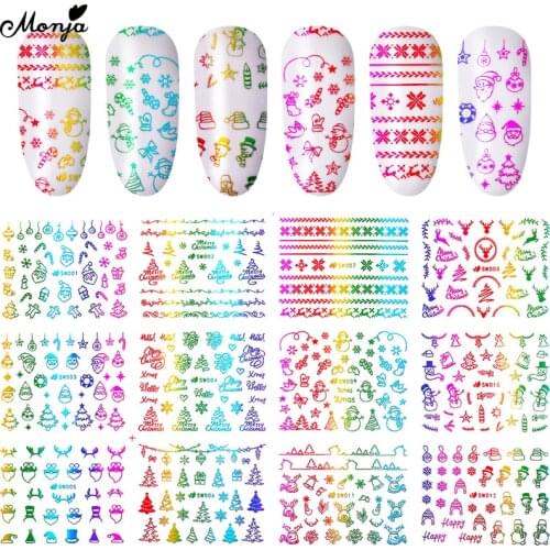 Monja 12 Styles/Sheet Christmas Series Nail Art Self-Adhesive Stickers Snowman Elk Gift Xmas Pattern Nail Decal Manicure Decors