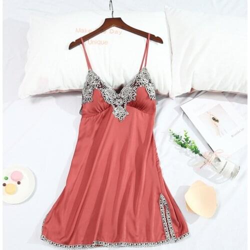 Summer New Ice Silk Sleepwear Ladies Lace Trim Suspender Nightdress Sexy V-Neck Nightgown With Bra Intimate Pajamas Sleep Robe