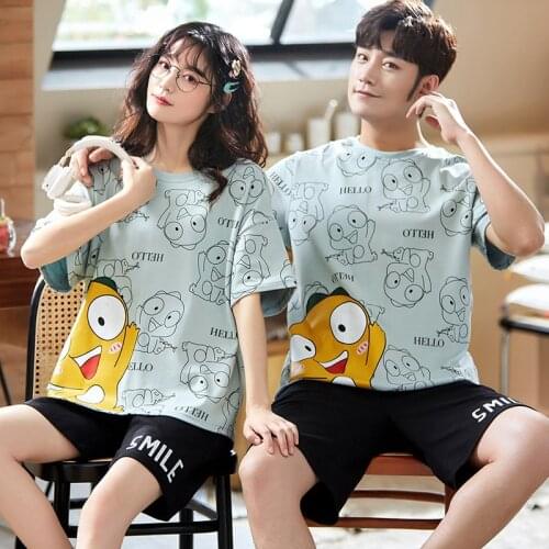 Couple Pajamas Set Summer Cotton Cute Cartoon Womens Sleepwear Casual Plus Size Summer Short Sleeve Shorts 2pcs Lovers Homewear