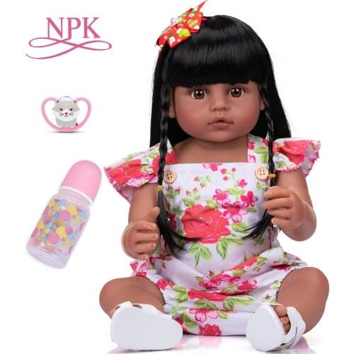 NPK 55cm very soft full body silicone bebe doll reborn toddler girl baty toy Very Dark Brown Skin girl doll black hair