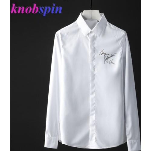 Beading Letters design Men Shirt Solid color Pure Cotton Chemise homme Slim Casual Business male Dress Shirts 2019 long sleeve