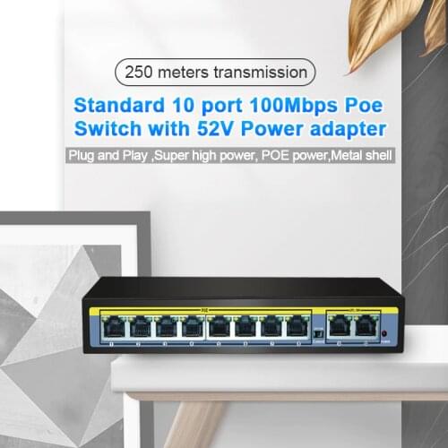 POE Switch 48V with 10 100Mbps Ports IEEE 802.3 af/at Ethernet Network Switch Suitable for IP camera/Wireless AP/POE camera