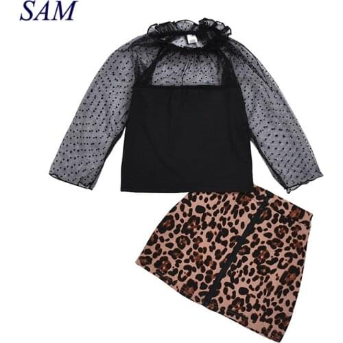2020 spring girls suit fashion childrens lace long-sleeved hollow tops + leopard skirt 2 pcs clothing sets kids ins clothes