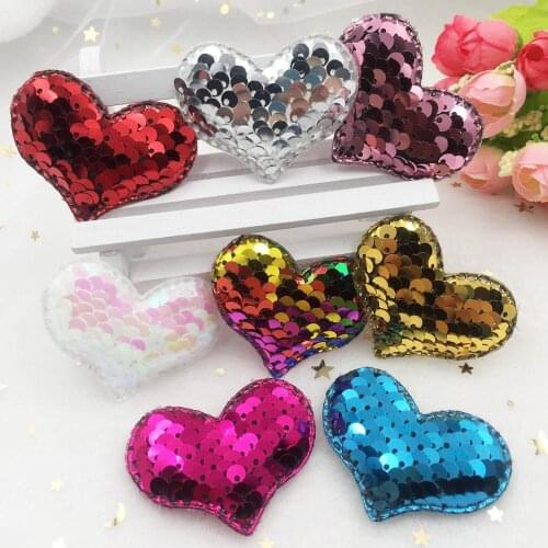 Colorful Glitter Sequin fish scale Padded Fabric Heart Applique Wedding Making children Hair Clip Accessories DIY Craft Supplies