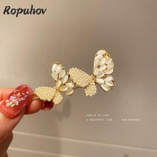 ROPUHOV 2021 New Korean Trendy Opal Pearl Butterfly Hairpin Retro Sweet Temperament Elegant Side Top Clip