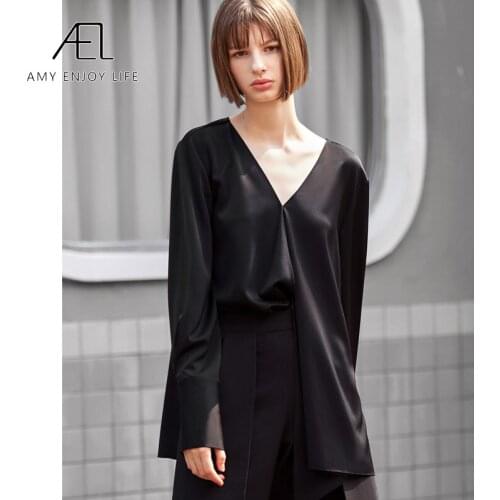 AEL V Collar black Women Blouse satin Shirt Female Elegant 2020 Summer loose Irregular Tops Ladies Office Blouses Casual