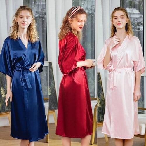 Solid Pajamas Robes Women Nightgown Ladies Girls Silk Satin Smooth Summer Bridesmaid Sleepwear Female Bathrobe Home Morning Gown