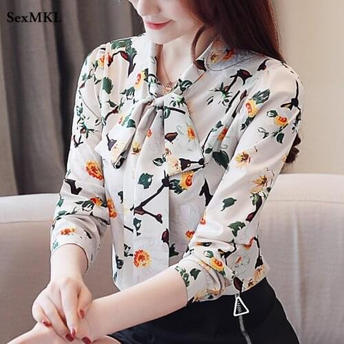 New Floral Printed Chiffon Blouses Women 2021 Korean Fashion Long Sleeve Y2k Office Ladies Tops Elegant Bow Neck Blusas Shirts
