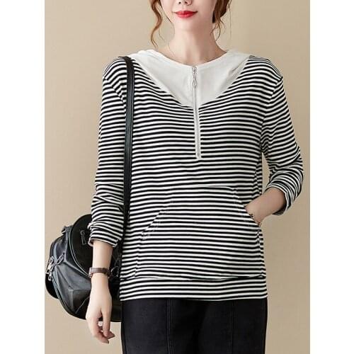 Women Long Sleeve Cotton T-shirts New Arrival 2021 Autumn Simple Style Vintage Striped All-match Female Casual Tops Tees B1016