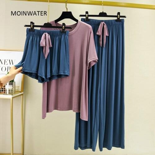 MOINWATER Women New Sets Female Modal Fibre Tshirts Shorts Pants Set Lady Comfortable Soft Tops Suit Clothes MA2007