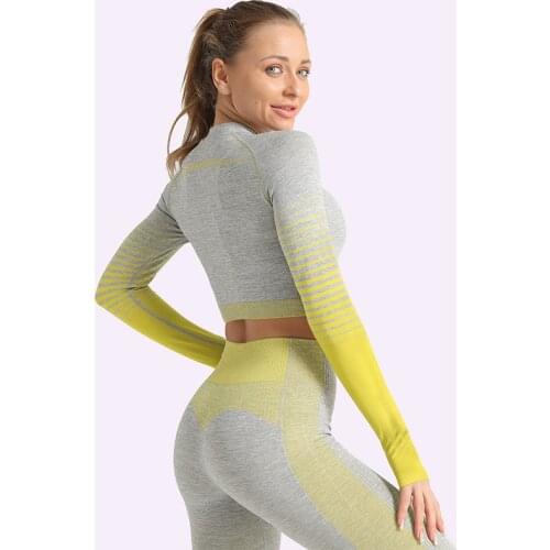 Seamless Rib Yoga Set Sport Outfits Women Two 2 Piece Dry Fit Tight Long Sleeve Crop top+Leggings Workout Gym Suit Fitness Sets