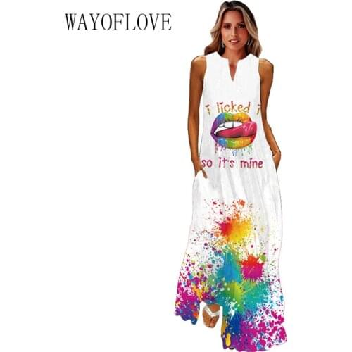 WAYOFLOVE Elegant Sexy Mouth Print White Dress 2021 Casual Plus Size Long Dresses Woman Summer Beach Sleeveless Maxi Dress Women