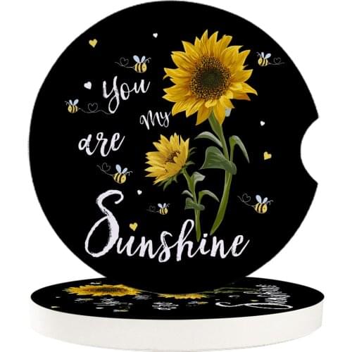 2 4 6pcs/set Ceramic Car Coaster Waterproof You Are My Sunshine Sunflowers Bee Car Cup Drink Mat Car Decoration Accessories