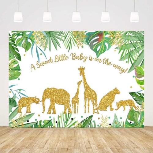 Safari party backdrop jungle baby shower party decoration green leaves gold glitter animals background for photo booth studio