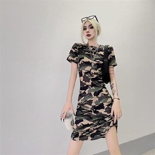 Camouflage Print Short Sleeve Summer Womens Dress Harajuku O-Neck Slim Waist Chic Korean Short Dresses vestido de mujer