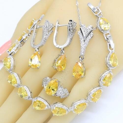 Water Drop Yellow Zircon 925 Silver Jewelry Sets for Women Bracelet Necklace Pendant Earrings Ring Birthday Gift