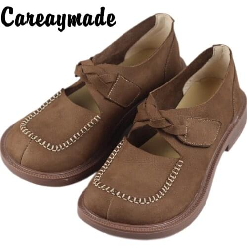 Careaymade-Top leather Japanese retro single heeled soft sole leather shoes womens loose version handmade leather big toe shoes
