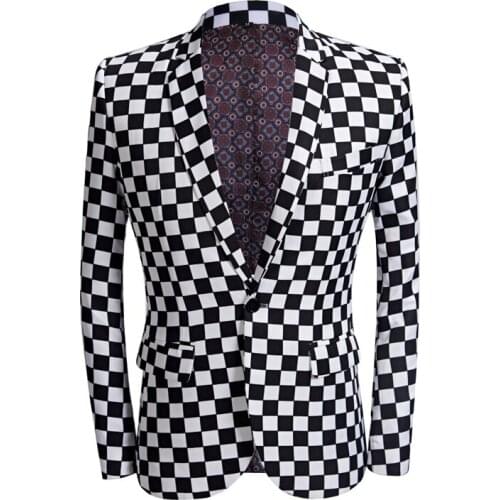Men Fashion Suit Black White Plaid Print 2 Pieces Wedding Groom Suit Jacket Stage Singer Host Dancer Slim Fit Costume Party Prom