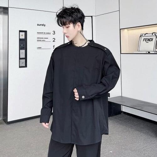 Autumn mens loose solid color long sleeved shirt Korean personalized minority pullover shirt hairdresser casual coat trend