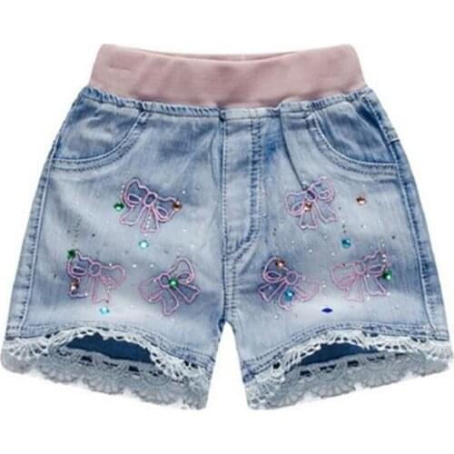 New Girls Denim Shorts Teenage Girl Summer Lace Pants Kids Bow Clothes Children Flowers Embroidery Jean Short For Teenager
