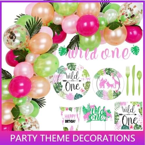 Pink Wild ONE Birthday Jungle Party Disposable Tableware Forest Animal Party Balloons Baby Shower Girl 1st Birthday Party Decor
