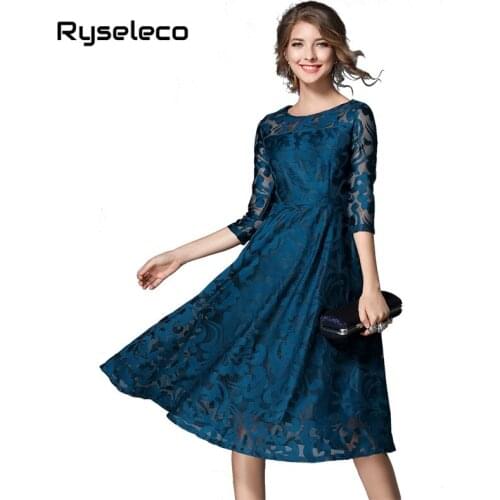 Autumn Plus size Floral Lace Dresses Work Casual Slim Fashion Sexy Hollow Out Blue Red Women A-line Quality Flare Party Dress