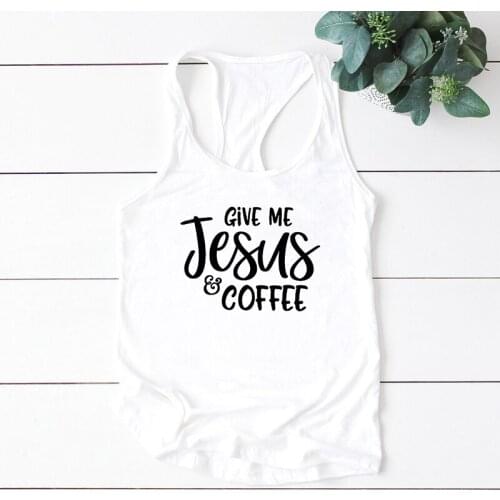 Casual Women Stylish Christian Tanks Summer Racerback Bible Gym Workout Tee Shirt Vest Give Me Jesus & Coffee Graphic Tank Tops