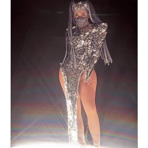 Silver Sequins Backless High Slit Dresses for Women Dancer Singer Performance Reflective Costume Nightclub Party Stage Show Wear