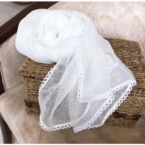 Spring And Autumn Thin Pure Linen Scarf Lace Design Pure White Scarf Ladies Summer Scarf Linen Outdoor scarves