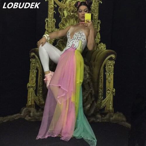 Colorful Rhinestones Printed Elastic Jumpsuit Stage Wear Nightclub Party Stretch Jumpsuit Outfit Bar Singer Performance Costumes