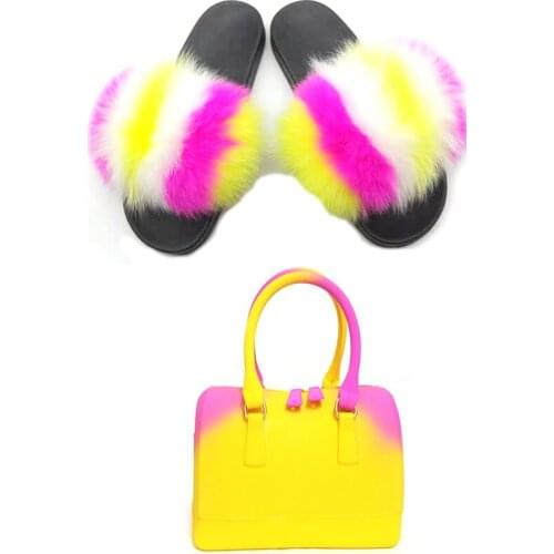 Women Slippers Fluffy Fur Slides and Jelly Purse Set Handbag Furry Sandals Fluffy Slippers Shoes Big Fur Slides with Bags