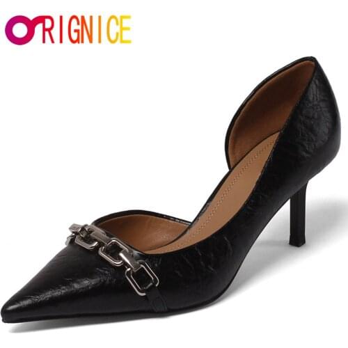 Orignice Luxury Metal Chain Design Fashion High Heels Women Pumps Classic Cow Leather Pointed Toe Solid Color Dress Party Shoes
